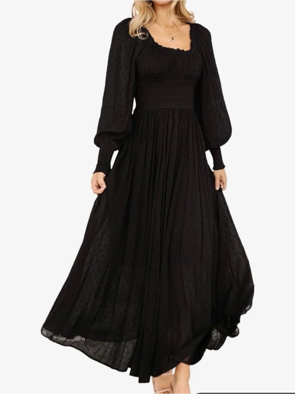 Black Long-Sleeve Maxi Dress with Smocked Waist and Puff Sleeves